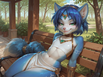 anthro blue_body blue_fur bottomwear clothing crop_top female flat_chested fur green_eyes shirt sitting skirt solo thick_thighs topwear syngornai nintendo star_fox krystal_(star_fox) canid canine mammal hi_res