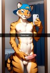 abs anthro backwards_baseball_cap backwards_hat balls baseball_cap bedroom bedroom_eyes blue_eyes bodily_fluids cellphone clothing erection fur genital_fluids genitals hand_on_penis hat hat_only headgear headgear_only headwear headwear_only holding_penis looking_at_viewer male mirror mirror_reflection mostly_nude narrowed_eyes nipples nude penis phone pose precum reflection seductive selfie slim smile snapchat solo standing striped_body striped_fur stripes text bmrwcl riley_(disambiguation) felid mammal pantherine tiger english_text hi_res