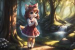 aiko anthro brown_hair clothing cub dress female forest hair hairbow hooves light light_beam nature plant smile solo teal_eyes tree young venisoncreampie cervid mammal hi_res