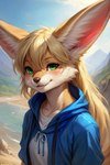 anthro attempted_signature big_ears blonde_hair blue_clothing canid canine clothing female fennec fox green_eyes hair hoodie inner_ear_fluff long_hair looking_at_viewer mammal mindry mountains outdoors outside river solo topwear tuft water