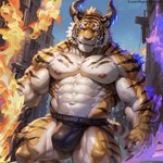 anthro bulge claws clothed clothing finger_claws fingers fire jockstrap jockstrap_only male muscular muscular_anthro muscular_arms muscular_legs muscular_male muscular_thighs nipples solo stripes underwear underwear_only mugen_kuuhakuai demon felid hybrid mammal pantherine tiger tail hi_res