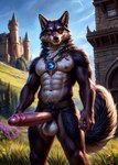 anthro big_penis canid canine canis cattorihanzo detailed detailed_fur erection genitals hi_res huge_penis humanoid_genitalia humanoid_penis hyper hyper_genitalia hyper_penis jewelry male mammal necklace nude outdoors penis stable_diffusion standing wolf