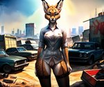 anthro bottomless car clothed clothing denis0k felid feline female genitals hi_res legwear looking_at_viewer mammal pussy shirt solo standing stockings topwear town vehicle