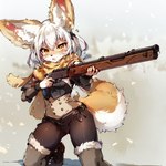 absurd_res anthro blush canid canine clothing corset female fennec fox gun hair hi_res kiyoka legwear lingerie luumy mammal ranged_weapon rifle scarf slim solo thigh_highs topwear weapon white_hair yellow_eyes