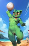 abs anthro athletic athletic_female beach breasts bulbasaur candy_fritter female generation_1_pokemon genitals green_body hi_res nipples non-mammal_breasts non-mammal_nipples nude nudist outdoors pokemon_(species) pussy scalie seaside solo sport volleyball