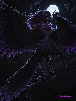 anthro black_body black_feathers claws cloud feathered_wings feathers female hair moon night purple_eyes purple_hair solo tail_feathers winged_arms wings hughte avian bird corvid oscine passerine absurd_res director_name hi_res