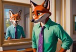 anthro canid canine clone clothing duo fox inside male mammal mirror necktie nick_wilde painting_(object) reflection rolled_up_sleeves sdxl shirt standing surrealism tkyoprko topwear window zootopia