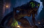 black_body black_fur breasts candle exposed_breasts fangs female fire fur glowing glowing_eyes green_eyes horn looking_at_viewer mystical nipples nude on_knees ruins solo solo_focus spread_legs spreading vein akhiezer hybrid tail absurd_res hi_res