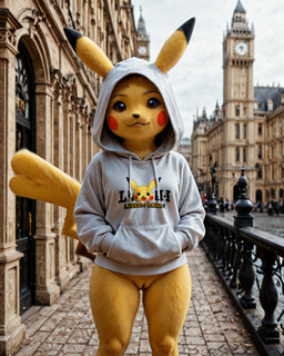 anthro bottomless city clothed clothing female genitals hoodie looking_at_viewer outside pussy solo standing street topwear denis0k nintendo pokemon generation_1_pokemon pikachu pokemon_(species) hi_res
