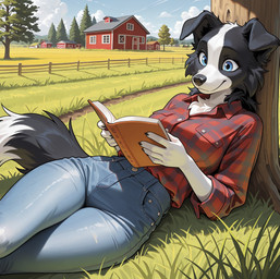 anthro arm_support barn blue_eyes book bottomwear clothing denim denim_clothing dirt_path farm female flannel_shirt folded_ears grass jeans leaning_on_elbow pants plant reading reading_book relaxing rolled_up_sleeves smile solo tree under_tree wood_fence wickerbasket border_collie canid canine canis collie domestic_dog herding_dog mammal pastoral_dog sheepdog hi_res