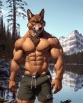 abs absurd_res anthro areola bottomwear bulge bumblebee95 canid canine canis chest_tuft clothed clothing detailed detailed_background detailed_fur hi_res male mammal muscular nipples pecs pubes realistic shorts solo standing topless tuft wolf