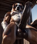 abs animal_genitalia anthro balls biceps big_balls big_penis black_nose equine_genitalia fur genitals hair light male muscular muscular_anthro muscular_male navel nude pecs penis solo sunlight vein veiny_penis white_body white_fur wooden_building mozhan canid canine canis domestic_dog mammal molosser mountain_dog saint_bernard digital_media_(artwork) lighting