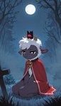 ambiguous_gender anthro bell bell_collar black_eyes cape clothing collar fur grass horn moon nature nature_background plant sad shrub sitting solo tan_body tan_fur tombstone tree tuft white_body white_fur kaltingale_(director) cult_of_the_lamb lamb_(cult_of_the_lamb) red_crown_(cult_of_the_lamb) bovid caprine mammal sheep hi_res