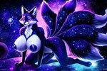 anthro breasts celestial_body celestial_fur dark_body dark_fur facial_tuft female fur genitals macro multi_tail nebula pussy smile solo space white_body white_eyeshadow white_fur metaforce canid canine celestial_being fox mammal