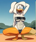 anatid anseriform anthro avian beach beak big_breasts bird black_eyes breasts camel_toe cleavage cleavage_overflow clothed clothing cloud9999 crouching della_duck disney duck ducktales ducktales_(2017) eyeliner female full-length_portrait gris_swimsuit hair hand_behind_head happy hi_res makeup membrane_(anatomy) nipple_outline open_mouth open_smile orange_legs ponytail portrait prosthetic prosthetic_leg prosthetic_limb seaside simple_background smile solo spread_legs spreading swimwear tight_clothing tongue translucent translucent_clothing under_boob webbed_feet white_body white_hair white_skin