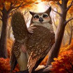 1:1 anus autumn autumn_leaves avian beak bird black_beak bodily_fluids brown_body brown_feathers bubo_(genus) colored detailed detailed_background dripping_pussy feathers female feral forest genital_fluids genitals great_horned_owl hi_res lungfish1223 nature nature_background orange_eyes owl plant presenting pussy pussy_juice raised_tail solo tail_feathers tree true_owl wings