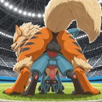 anal anal_penetration animal_genitalia animal_penis anthro balls bodily_fluids canine_genitalia canine_penis dripping duo feral fluffy fluffy_tail genital_fluids genitals grass knot larger_male male male/male penetration penis plant precum precum_drip size_difference stadium sysns arcanine generation_1_pokemon generation_4_pokemon lucario pokemon_(species) absurd_res hi_res