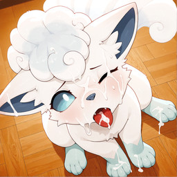 ambiguous_feral ambiguous_gender blush bodily_fluids bukkake clothing cum cum_on_body cum_on_ear cum_on_face cum_on_feet cum_on_tongue ears_down embarrassed fangs feral genital_fluids head_tuft one_eye_closed open_mouth paws pivoted_ears solo teeth tongue tongue_out tuft underwear wood_floor seeper nintendo pokemon alolan_form alolan_vulpix pokemon_(species) regional_form_(pokemon) hi_res