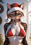 anthro big_breasts blue_eyes bra breasts brown_body brown_fur christmas_clothing christmas_headwear clenched_teeth clothing female fur hat headgear headwear inside looking_at_viewer one_eye_closed orange_body orange_fur santa_hat smile solo standing striped_body striped_fur stripes teeth tuft underwear upper_body white_body white_fur ayo_keito felid feline mammal absurd_res hi_res