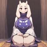 anthro big_breasts blush breasts brown_eyes clothed clothing fangs female fully_clothed fur horn kneeling looking_at_viewer pillow robe smile solo thick_thighs white_body white_fur busahou toriel boss_monster bovid caprine goat mammal