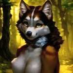 absurd_res anthro breasts bust_portrait canid canine canis domestic_dog female fluffy forest hi_res husky inner_ear_fluff looking_up mammal neck_tuft nordic_sled_dog plant portrait solo spitz stableyiffusion tree tuft