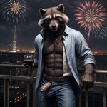 2023 abs alcohol anthro arm_support balcony belt beverage black_nose blue_bottomwear blue_clothing blue_jeans blue_pants blue_shirt blue_topwear bottomwear brown_body brown_fur city city_background cityscape clothing container cup denim denim_clothing drinking_glass fireworks foreskin fur genitals glans glass glass_container glass_cup half-erect humanoid_genitalia humanoid_penis jeans leaning_on_elbow looking_at_viewer male muscular muscular_anthro muscular_male navel neck_tuft new_year new_year_2024 pants pecs penis penis_through_fly poking_out pose shirt skyscraper solo stable_diffusion topwear tuft unbuttoned_shirt vein veiny_penis wine wine_glass monkeyelf_(director) rocket_raccoon mammal procyonid raccoon hi_res