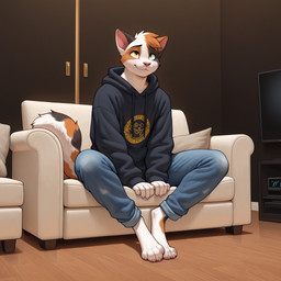 anthro bottomwear claws clothing denim denim_clothing digitigrade fur furniture green_eyes grey_body grey_fur heterochromia hoodie inside jeans male mottled multicolored_body multicolored_fur on_sofa orange_body orange_fur pants piebald pink_nose sitting sitting_on_sofa sofa solo toe_claws topwear white_body white_fur yellow_eyes gertgrg calico_cat domestic_cat felid feline felis mammal hi_res