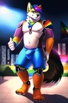 anthro bulge canid canine chest_tuft cybernetics cyberpunk futuristic hair hi_res machine male mammal multicolored_hair nipples pup_tobey rainbow rainbow_hair rainbow_pride_colors robot_joints robotic_arms robotic_legs solo tuft