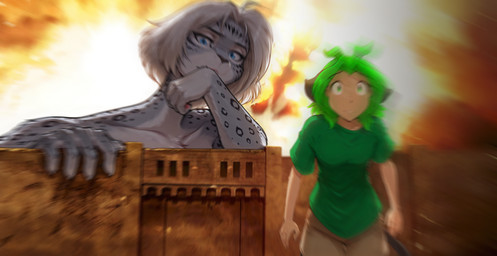 anthro clothed clothing crossover duo female female/female macro micro skimpy anontk attack_on_titan twokinds karen_taverndatter maeve_riftwall domestic_cat felid feline felis humanoid mammal pantherine snow_leopard blur_(disambiguation) digital_media_(artwork) hi_res stable_diffusion wainsfwillustrious_(model)