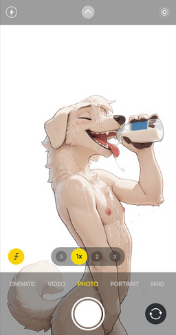 anthro blue_eyes blush bodily_fluids bottle camera_view cum cum_in_mouth cum_inside cum_on_body cum_on_face drinking drinking_cum floppy_ears fur genital_fluids genitals happy holding_penis male open_mouth penis solo tongue tongue_out white_body white_fur neural_bunny canid canine canis domestic_dog mammal absurd_res digital_media_(artwork) hi_res