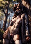 absurd_res amber_eyes anthro breasts brown_body brown_fur brown_hair canid canine canis clothing coat female fur genitals gilkardex hair hi_res looking_at_viewer mammal nipples nude pussy smile solo topwear trenchcoat wolf