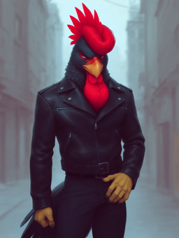 5_fingers anthro beak belt black_body black_bottomwear black_claws black_clothing black_feathers black_jacket black_pants black_topwear bottomwear building city city_background claws clothing dewlap_(anatomy) feathered_crest feathers finger_claws fingers front_view hair head_crest jacket leather leather_clothing leather_jacket leather_topwear looking_at_viewer male pants pompadour red_body red_eyes red_feathers red_hair scuted_hands scutes solo standing street tail tail_feathers topwear yellow_beak yellow_scutes zipper knotanotherfurry avian bird chicken galliform gallus_(genus) phasianid absurd_res hi_res
