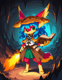 anthro big_ears blue_hair cave curled_hair female fire flame_sword green_eyes hair holding_object holding_weapon red_body solo weapon icefoxai rikkor