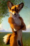 african_wild_dog anthro black_nose black_penis canid canine crossed_arms fur fur_tuft genitals girly inner_ear_fluff male mammal multicolored_body multicolored_fur orange_eyes outdoors outside penis plant smiley solo standing tree tuft