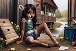 anthro black_hair bottomwear cervid clothing cub female hair hi_res hooves looking_at_viewer maiya mammal orange_eyes river shirt shorts solo topwear venison venisoncreampie young