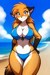 anthro banal_fissure beach bikini black_ears black_nose blue_eyes blush breasts canid canine clothing cloud crossgender female fox fur gloves_(marking) hair hand_on_hip keidran long_hair looking_at_viewer mammal markings mike_(twokinds) mtf_crossgender nipple_outline orange_body orange_fur rule63 sea seaside solo stable_diffusion swimwear twokinds water white_body