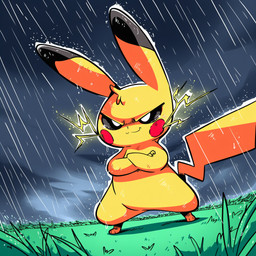 electricity feral fur lightning looking_at_viewer male outside raining smile solo storm storm_clouds water yellow_body yellow_fur twinkaton nintendo pokemon generation_1_pokemon mammal pikachu pokemon_(species)