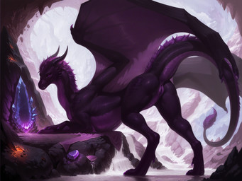 anus belly_scales black_body black_scales cavern crystal crystal_cave dragon_tail dragon_wings dragoness fantasy female feral genitals hair horn looking_at_viewer looking_back looking_back_at_viewer mane membrane_(anatomy) membranous_wings mythology purple_body purple_eyes purple_hair purple_scales pussy raised_tail scales solo wing_claws wings nezalith dragon mythological_creature mythological_scalie scalie western_dragon hi_res