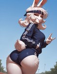 accessory anthro biped breasts female gym_clothing headband looking_at_viewer looking_back orange_eyes rear_view solo anonymous_director invoke_high lagomorph leporid mammal rabbit hi_res