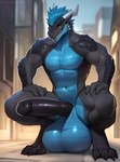 agreenfish anthro attempted_signature balls big_balls big_penis black_body black_penis black_scales blue_body blue_scales city claws crouching digitigrade dragon genitals hi_res huge_balls huge_penis hyper hyper_balls hyper_genitalia male muscular muscular_male outside penis scales scutes solo