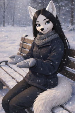 anthro bench black_hair black_nose blue_eyes blurred_background bottomwear clothed clothing dark_hair female fur hair handwear jacket long_hair looking_at_viewer mittens pants scarf smile snow snow_on_branches snow_on_ground solo topwear white_body white_fur foxytaill silver_snowflake arctic_fox canid canine canis fox mammal hi_res