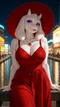 anthro big_breasts blush breasts bright_colors city cleavage clothed clothing detailed_background dress eyelashes eyeshadow female floppy_ears fur hat headgear headwear horn jewelry looking_at_viewer makeup mature_anthro mature_female narrowed_eyes necklace night open_mouth outside purple_eyes red_clothing red_dress sitting smile solo sun_hat white_body white_fur sherlock_hound_(director) toriel bovid caprine goat mammal hi_res