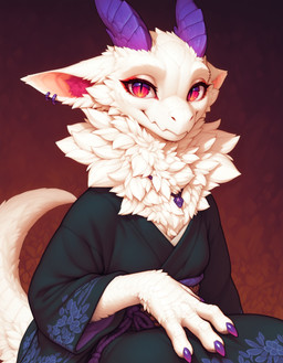 4_fingers asian_clothing breasts claws clothed clothing ear_piercing ear_ring east_asian_clothing female fingers fur horn japanese_clothing jewelry kimono looking_at_viewer mythology neck_tuft necklace piercing pupils ring_piercing simple_background sitting slit_pupils smile solo tail tuft white_body white_fur unknown_director hymonie_fluffscale(fluffscaler) dragon furred_dragon furred_kobold furred_scalie kobold mythological_creature mythological_scalie scalie hi_res signature