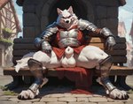 animal_genitalia anthro armor ball_tuft balls bench big_balls canine_genitalia clothed clothing digitigrade fantasy fur genitals grin heavy_balls huge_balls looking_at_viewer male pony_diffusion_(model) presenting_balls red_eyes saggy_balls sheath skimpy smile solo spread_legs spreading thick_thighs tuft unconvincing_armor village white_body white_fur director_aislopper canid canine canis mammal wolf hi_res