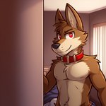 anthro brown_body brown_fur collar collar_only frosting.ai fur male male_focus nude nude_male red_collar red_eyes smile solo solo_focus candougie brutal_paws_of_fury kendo_coyote canid canine canis coyote domestic_dog mammal