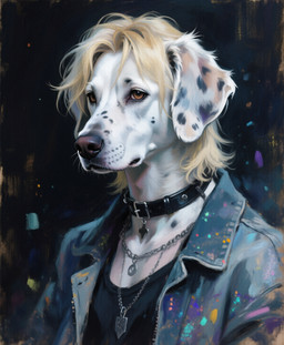 anthro black_background black_clothing black_collar black_shirt black_t-shirt black_topwear blonde_hair brown_eyes clothed clothing collar floppy_ears fur hair jean_jacket jewelry looking_aside male messy_hair necklace pendant realistic shirt short_fur simple_background solo t-shirt topwear white_body white_fur 7oxytron bird_dog canid canine canis dalmatian domestic_dog hunting_dog labrador mammal mixed_breed retriever bust_portrait hi_res painting_(artwork) portrait traditional_media_(artwork)