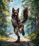 absurd_res animal_genitalia anthro balls blp canid canine canis dancing digitigrade domestic_dog forest fully_sheathed genitals german_shepherd glowing glowing_eyes herding_dog hi_res male mammal orange_eyes pastoral_dog plant raised_tail sheath solo tree white_sheath