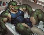 anthro bathtub blush bodily_fluids bulge clothed clothing erection erection_under_clothing genital_fluids genital_outline genitals green_body inside looking_at_genitalia looking_at_penis lying male muscular muscular_anthro muscular_male on_back one-piece_swimsuit partially_submerged pecs penis penis_outline pony_diffusion_(model) precum precum_through_clothing solo swimwear thick_thighs tight_clothing water wet wet_clothing yellow_eyes director_aislopper alligator alligatorid crocodilian reptile scalie hi_res