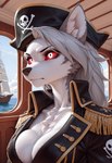 anthro breasts clothed clothing female fur hair inside long_hair looking_forward multicolored_body multicolored_fur pirate pirate_hat red_sclera sea ship solo solo_focus two_tone_body two_tone_fur vehicle water watercraft white_body white_fur tollilo helluva_boss loona_(helluva_boss) canid canid_demon canine canis demon hellhound mammal wolf hi_res