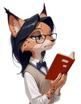 anthro biped book bowtie clothing ears_up eyewear female fur glasses green_eyes inner_ear_fluff solo spots spotted_body spotted_fur topwear tuft vest anonymous_director invoke_high felid feline mammal hi_res